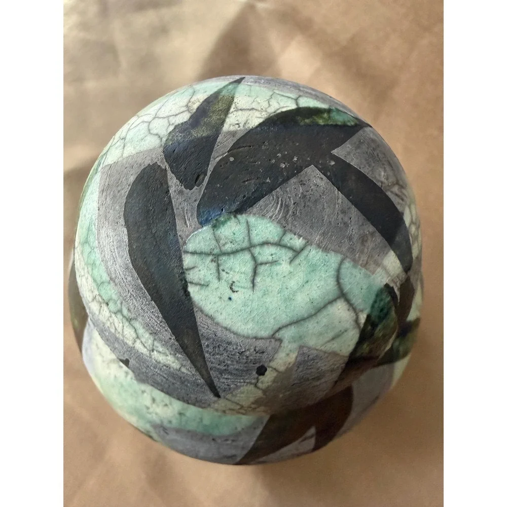Lynn Dee Studio Pottery Raku Lidded Jar Green Grey Abstract Leaf Signed Art Ware